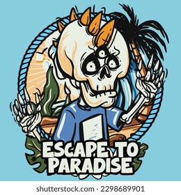 hand drawn illustration of Summer skull in a beach. vector for t-shirt and sticker design with fun holiday vibes.