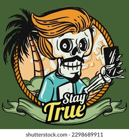 hand drawn illustration of Summer skull in a beach. vector for t-shirt and sticker design with fun holiday vibes.