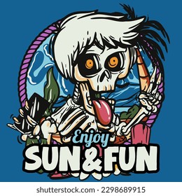 hand drawn illustration of Summer skull in a beach. vector for t-shirt and sticker design with fun holiday vibes.