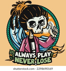 hand drawn illustration of Summer skull in a beach. vector for t-shirt and sticker design with fun holiday vibes.