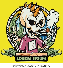 hand drawn illustration of Summer skull in a beach. vector for t-shirt and sticker design with fun holiday vibes.