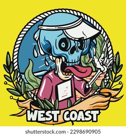 hand drawn illustration of Summer skull in a beach. vector for t-shirt and sticker design with fun holiday vibes.
