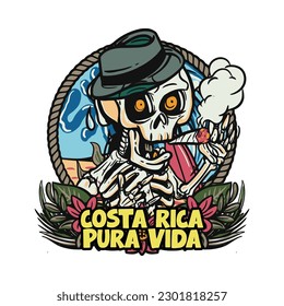 hand drawn illustration of Summer skull in a beach. vector for t-shirt and sticker design with fun holiday vibe
