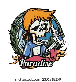 hand drawn illustration of Summer skull in a beach. vector for t-shirt and sticker design with fun holiday vibe