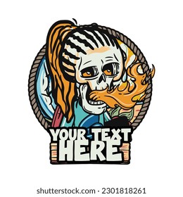 hand drawn illustration of Summer skull in a beach. vector for t-shirt and sticker design with fun holiday vibe