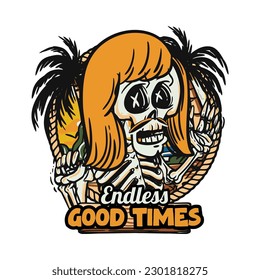 hand drawn illustration of Summer skull in a beach. vector for t-shirt and sticker design with fun holiday vibe
