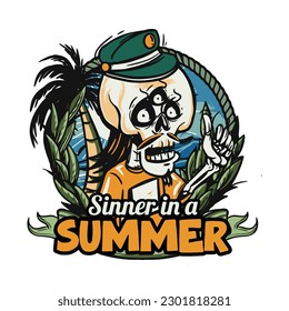 hand drawn illustration of Summer skull in a beach. vector for t-shirt and sticker design with fun holiday vibe