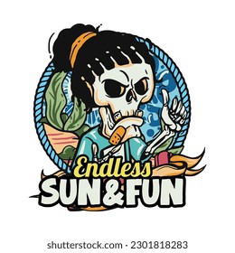 hand drawn illustration of Summer skull in a beach. vector for t-shirt and sticker design with fun holiday vibe