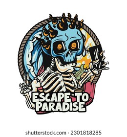 hand drawn illustration of Summer skull in a beach. vector for t-shirt and sticker design with fun holiday vibe
