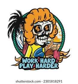 hand drawn illustration of Summer skull in a beach. vector for t-shirt and sticker design with fun holiday vibe