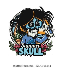 hand drawn illustration of Summer skull in a beach. vector for t-shirt and sticker design with fun holiday vibe