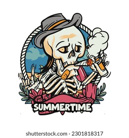 hand drawn illustration of Summer skull in a beach. vector for t-shirt and sticker design with fun holiday vibe