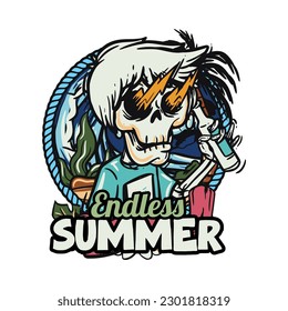 hand drawn illustration of Summer skull in a beach. vector for t-shirt and sticker design with fun holiday vibe