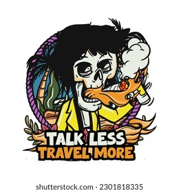 hand drawn illustration of Summer skull in a beach. vector for t-shirt and sticker design with fun holiday vibe