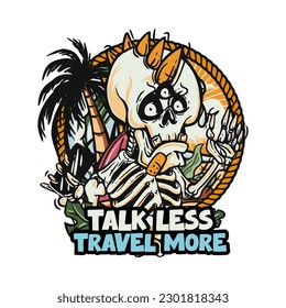 hand drawn illustration of Summer skull in a beach. vector for t-shirt and sticker design with fun holiday vibe