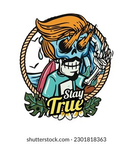 hand drawn illustration of Summer skull in a beach. vector for t-shirt and sticker design with fun holiday vibe