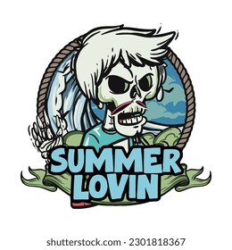 hand drawn illustration of Summer skull in a beach. vector for t-shirt and sticker design with fun holiday vibe