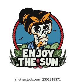 hand drawn illustration of Summer skull in a beach. vector for t-shirt and sticker design with fun holiday vibe