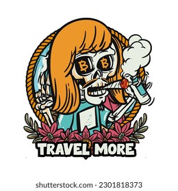 hand drawn illustration of Summer skull in a beach. vector for t-shirt and sticker design with fun holiday vibe