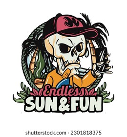 hand drawn illustration of Summer skull in a beach. vector for t-shirt and sticker design with fun holiday vibe