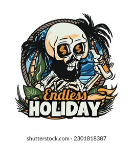 hand drawn illustration of Summer skull in a beach. vector for t-shirt and sticker design with fun holiday vibe