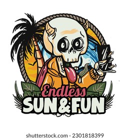 hand drawn illustration of Summer skull in a beach. vector for t-shirt and sticker design with fun holiday vibe