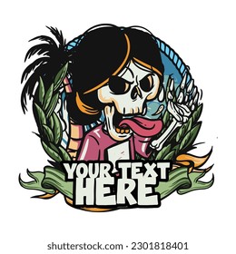 hand drawn illustration of Summer skull in a beach. vector for t-shirt and sticker design with fun holiday vibe