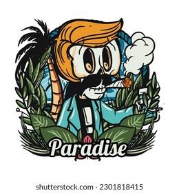hand drawn illustration of Summer skull in a beach. vector for t-shirt and sticker design with fun holiday vibe