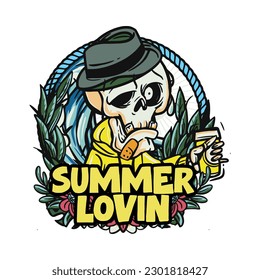hand drawn illustration of Summer skull in a beach. vector for t-shirt and sticker design with fun holiday vibe