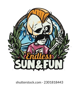 hand drawn illustration of Summer skull in a beach. vector for t-shirt and sticker design with fun holiday vibe