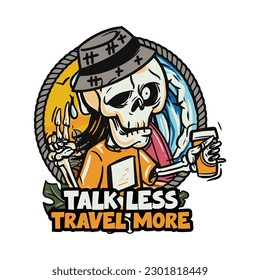 hand drawn illustration of Summer skull in a beach. vector for t-shirt and sticker design with fun holiday vibe