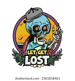 hand drawn illustration of Summer skull in a beach. vector for t-shirt and sticker design with fun holiday vibe