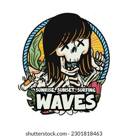hand drawn illustration of Summer skull in a beach. vector for t-shirt and sticker design with fun holiday vibe