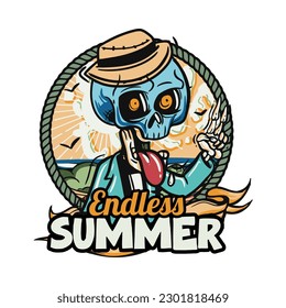 hand drawn illustration of Summer skull in a beach. vector for t-shirt and sticker design with fun holiday vibe