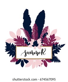 Hand drawn illustration. Summer tropical leaves vector design. Banner with paper. Invitation card template for party, sale, wedding. Trendy graphic. Lettering summer