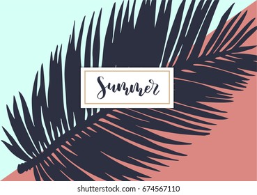 Hand drawn illustration. Summer tropical leaves vector design. Banner with paper. Invitation card template for party, sale, wedding. Trendy graphic. Lettering summer