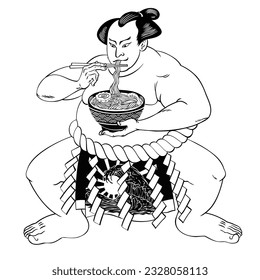 Hand Drawn Illustration of Sumo Eating Ramen Isolated black and white Vector Illustration