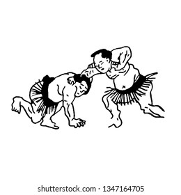 Hand drawn illustration of sumo man wrestlers fight on white background