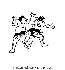 Hand drawn illustration of sumo man wrestlers fight on white background