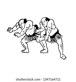 Hand drawn illustration of sumo man wrestlers fight on white background