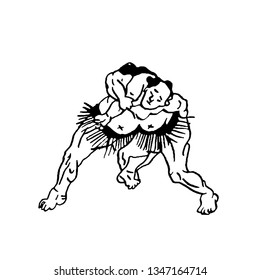Hand drawn illustration of sumo man wrestlers fight on white background