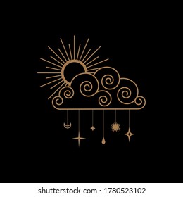 Handgezeichnete Illustration mit Sonne und Wolke im Boho Vintage Stil. Flash-Tätowierung, Aufkleber, Patch oder Print-Design, Vektorgrafik