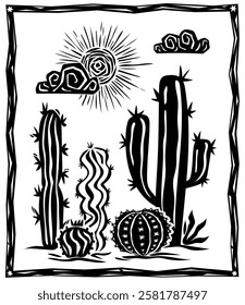 Hand drawn illustration of sun, clouds, cactus and desert succulents. Black and white sketch of American plants.