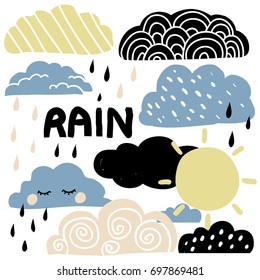 Hand Drawn Illustration With Sun, Clouds And Raindrops. Cute Vector Graphic Set