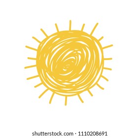 Hand drawn Illustration Sun. Doodle style element isolated on white background. Yellow Solar System Objects