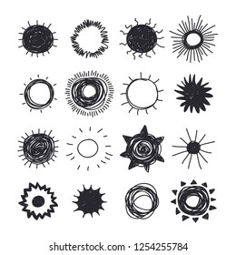 Hand drawn Illustration Sun. Doodle style element set. Black Solar System Objects on white background