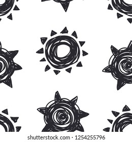 Hand drawn Illustration Sun. Doodle style seamless pattern. Black and white Solar System Objects