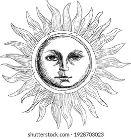 Hand drawn illustration sun and face  can be used in astrology  images and nature  mother nature  etc  using line drawing