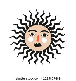 Hand drawn illustration of a sun with a face. Hand drawn illustration of a sun with a face. Vector illustration isolated on white background