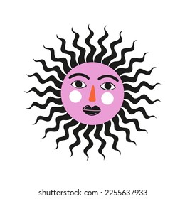 Hand drawn illustration of a sun with a face. Vector illustration isolated on white background	